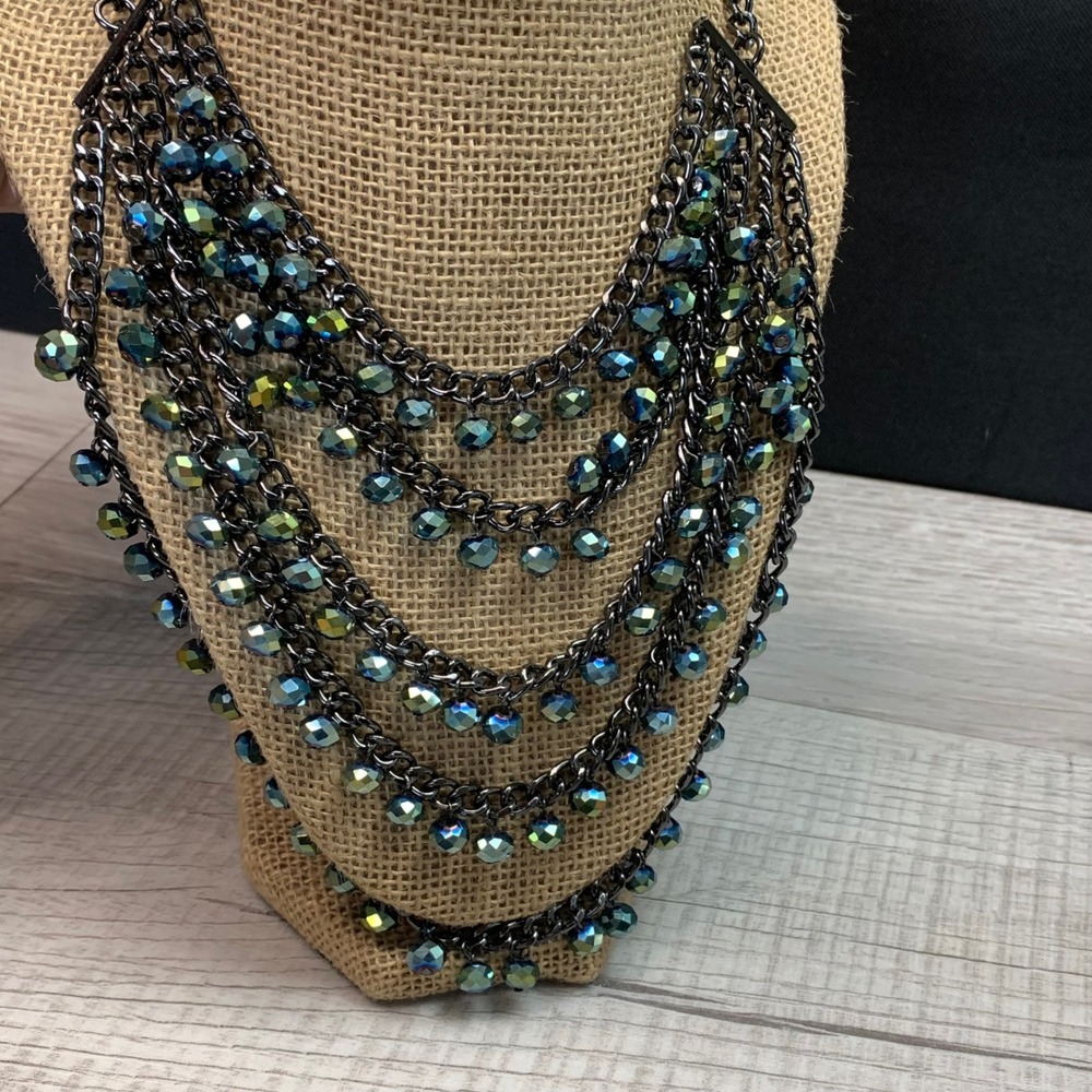 Gunmetal Iridescent Beaded Multi Strand Bib Statement Necklace 24"